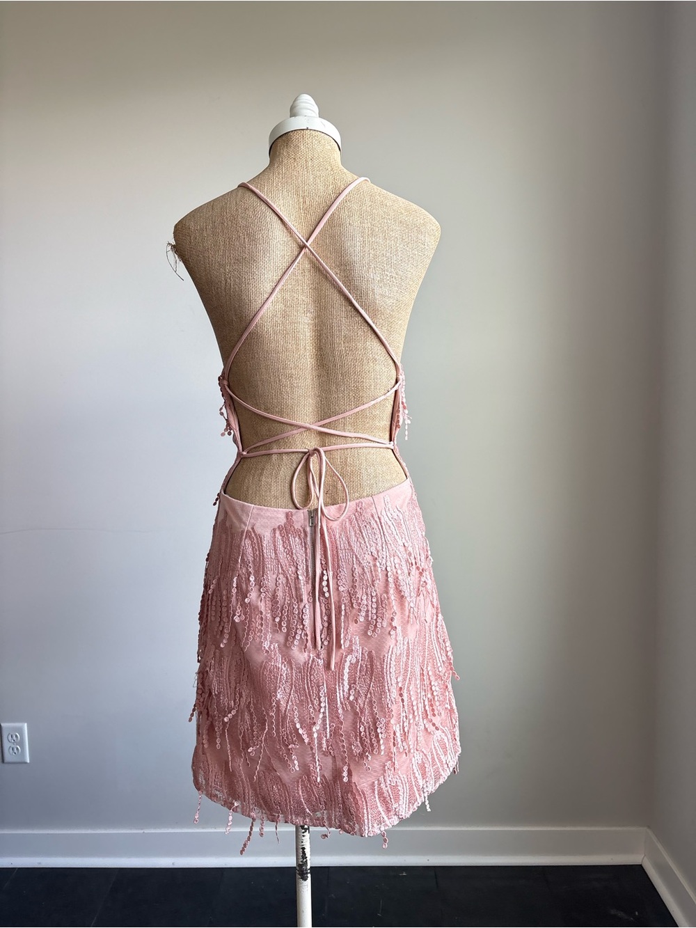 Lulus Making Magic Blush Pink Fringe Lace-Up Mini Dress LARGE - Picture 6 of 10
